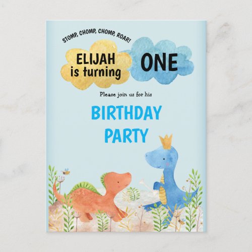 Cute Dinosaurs Playing Boy 1st Birthday Party Invitation Postcard