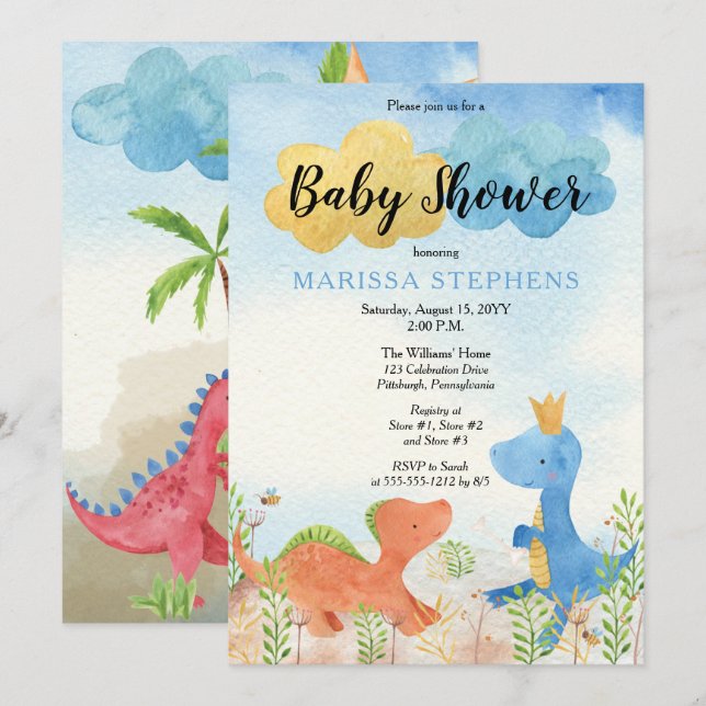 Cute Dinosaurs Playing Boy Baby Shower  Invitation (Front/Back)