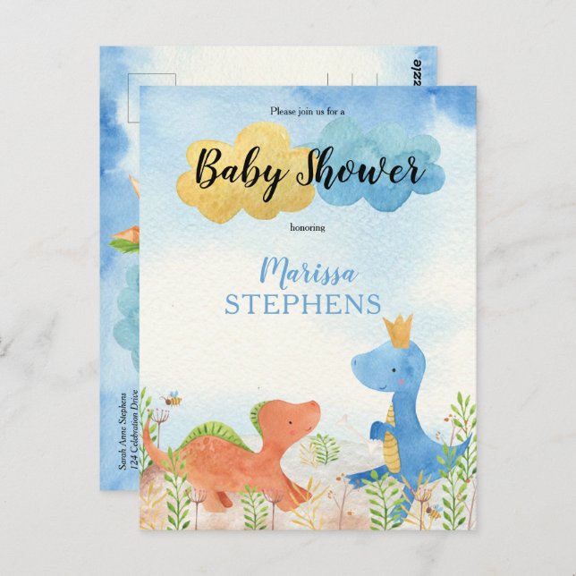 Cute Dinosaurs Playing Boy Baby Shower  Invitation Postcard (Front/Back)