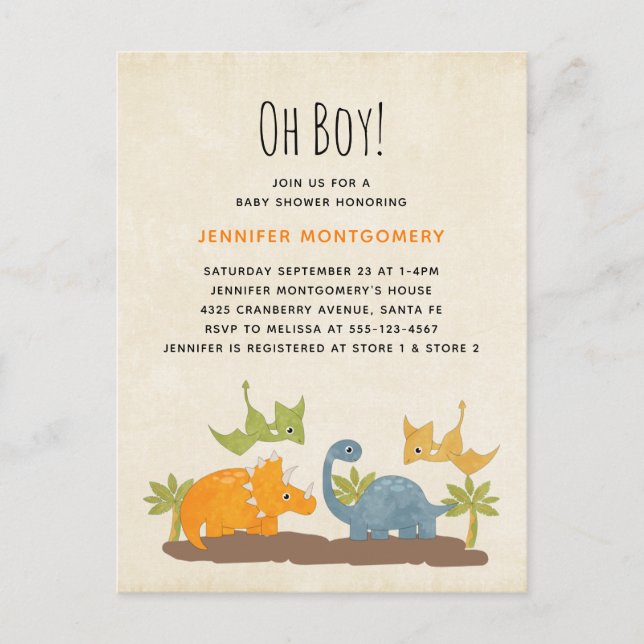Cute Dinosaurs Prehistoric Wildlife Baby Shower Invitation Postcard (Front)