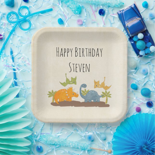 Cute Dinosaurs Prehistoric Wildlife Birthday Paper Plates (Party)