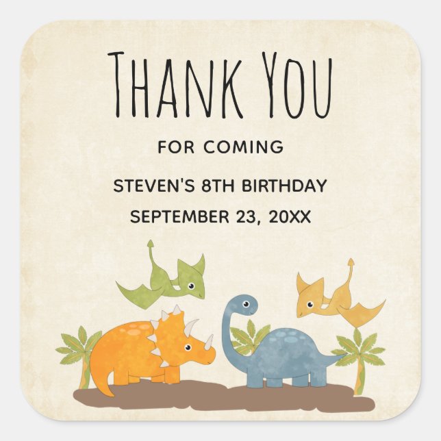 Cute Dinosaurs Prehistoric Wildlife Thank You Square Sticker (Front)