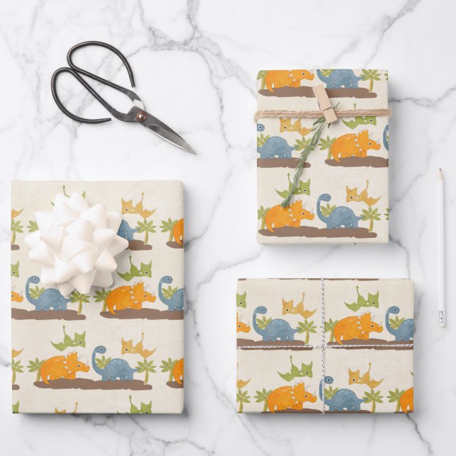 Cute Dinosaurs Prehistoric Wildlife Wrapping Paper Sheets (Front)