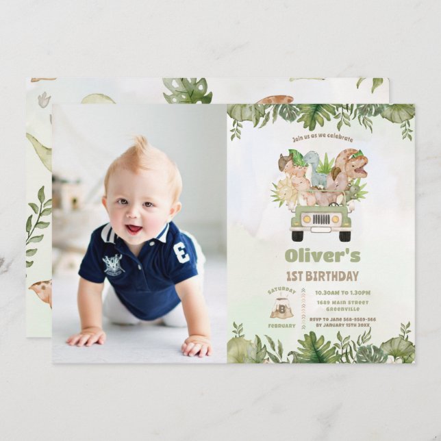 Cute Dinosaurs Safari Car 1st 2nd Birthday Photo Invitation (Front/Back)