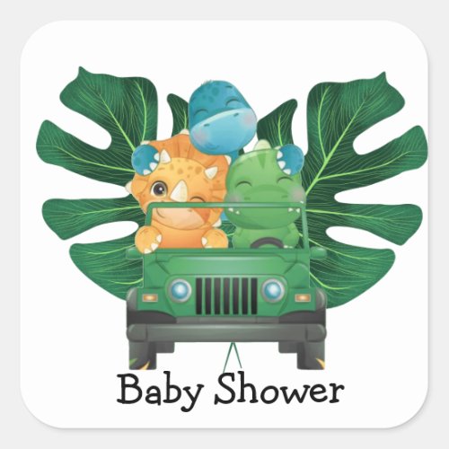 Cute Dinosaurs Safari Vehicle Baby Shower Square Sticker