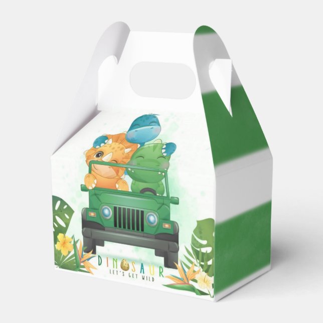 Cute Dinosaurs Safari Vehicle Boy Baby Shower Favor Boxes (Front Side)