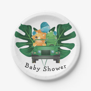 Cute Dinosaurs Safari Vehicle Boy Baby Shower Paper Plates