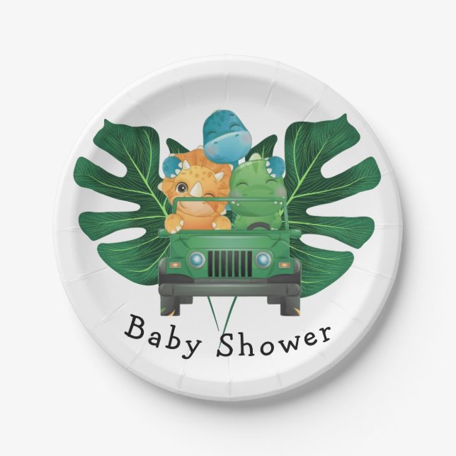 Cute Dinosaurs Safari Vehicle Boy Baby Shower Paper Plates (Front)