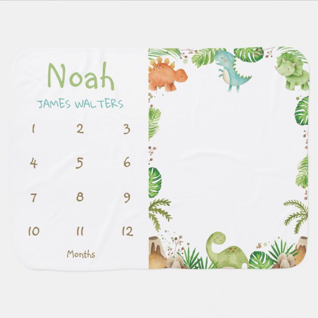 Cute Dinosaurs T-Rex Bronto Monthly Milestone Baby Blanket (Horizontal)