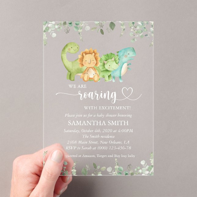 Cute Dinosaurs, T-Rex, Jurassic, Baby Shower Acrylic Invitations (Insitu (Handheld))