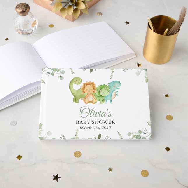 Cute Dinosaurs, T-Rex, Jurassic, Baby Shower Guest Book (Front Open)