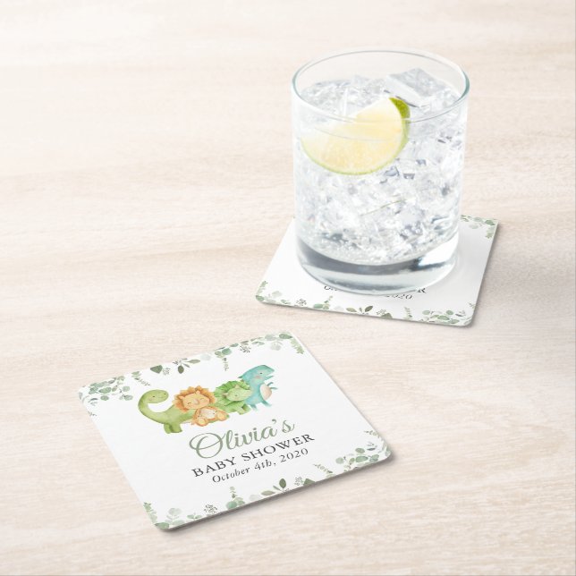 Cute Dinosaurs, T-Rex, Jurassic, Baby Shower Square Paper Coaster (Insitu)