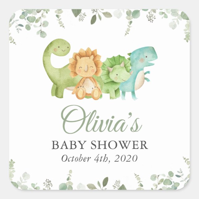 Cute Dinosaurs, T-Rex, Jurassic, Baby Shower Square Sticker (Front)