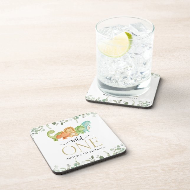 Cute Dinosaurs, T-Rex, Jurassic, First Birthday Beverage Coaster (Right Side)