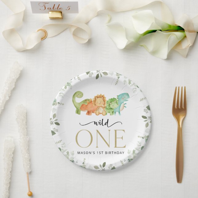 Cute Dinosaurs, T-Rex, Jurassic, First Birthday Paper Plates (Wedding)