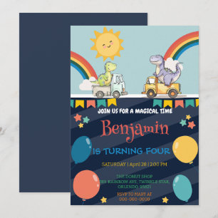Cute dinosaurs tractor truck rainbow Birthday boy Invitation