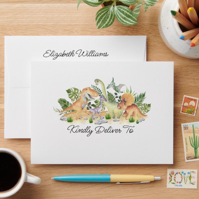 Cute Dinosaurs Tropical Greenery Return Address Envelope (Desk)