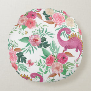 Cute Dinosaurs Vintage Floral Pattern Round Pillow