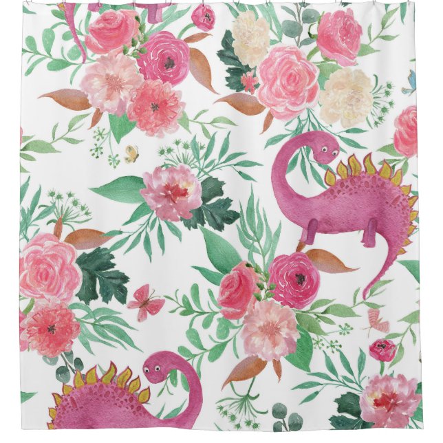 Cute Dinosaurs Vintage Floral Pattern Shower Curtain (Front)