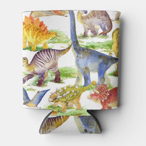 Cute Dinosaurs Watercolor Seamless Art Can Cooler