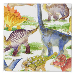 Cute Dinosaurs Watercolor Seamless Art Faux Canvas Print