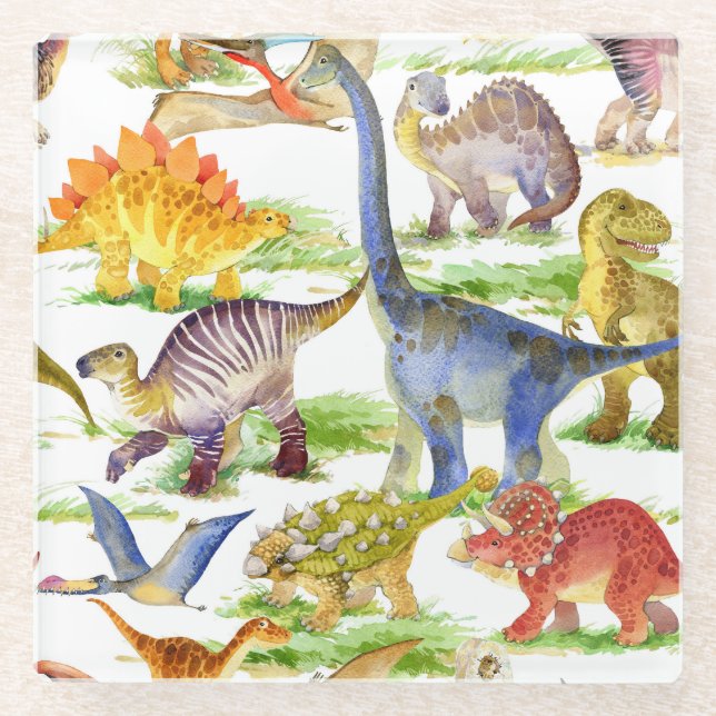 Cute Dinosaurs Watercolor Seamless Art Glass Coaster (Front)
