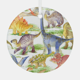Cute Dinosaurs Watercolor Seamless Art Glass Ornament