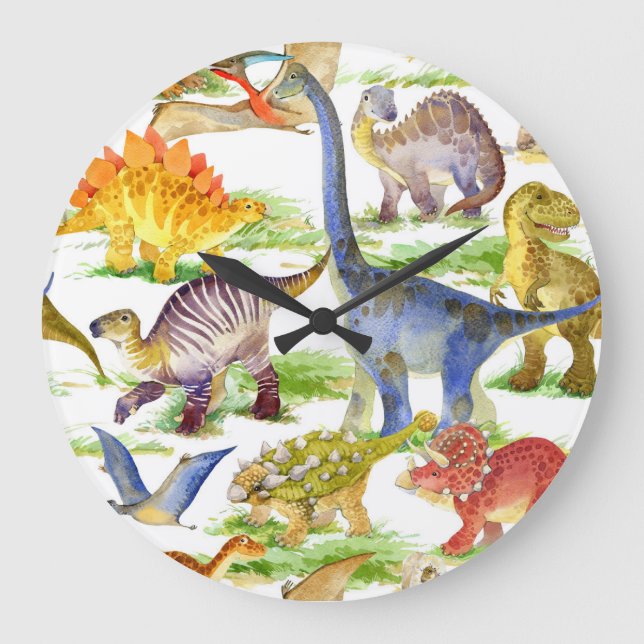 Cute Dinosaurs Watercolor Seamless Art Large Clock (Front)