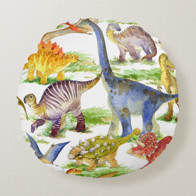 Cute Dinosaurs Watercolor Seamless Art Round Pillow (Front)