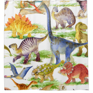 Cute Dinosaurs Watercolor Seamless Art Shower Curtain