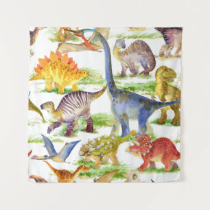 Cute Dinosaurs Watercolor Seamless Art Tapestry