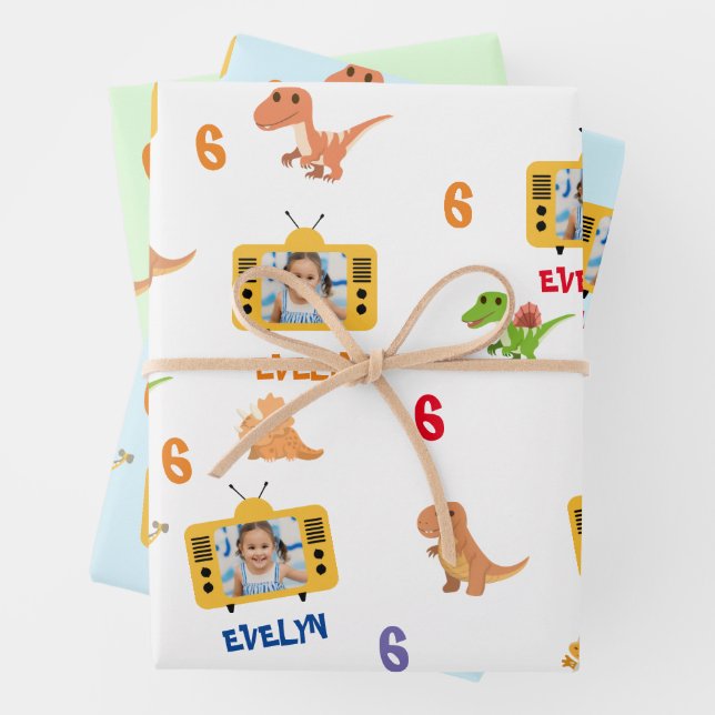 Cute Dinosaurs with Custom Photo, Name and Age Wrapping Paper Sheets (In situ)