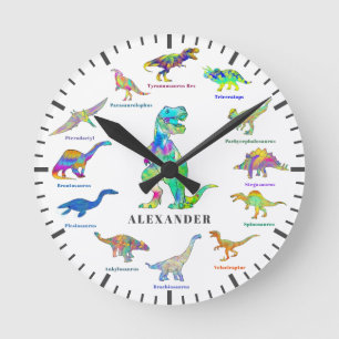 Cute Dinosaurs with names colorful Personalized Round Clock