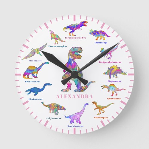 Cute Dinosaurs with names Personalized pink Round Clock