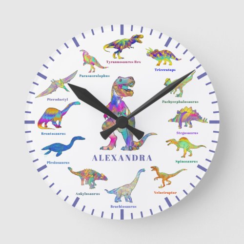 Cute Dinosaurs with names Personalized purple Round Clock