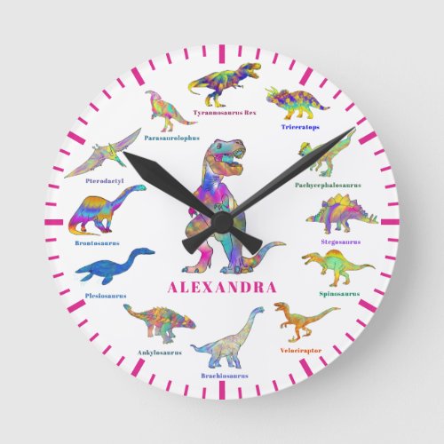 Cute Dinosaurs with names pink Personalized Round Clock