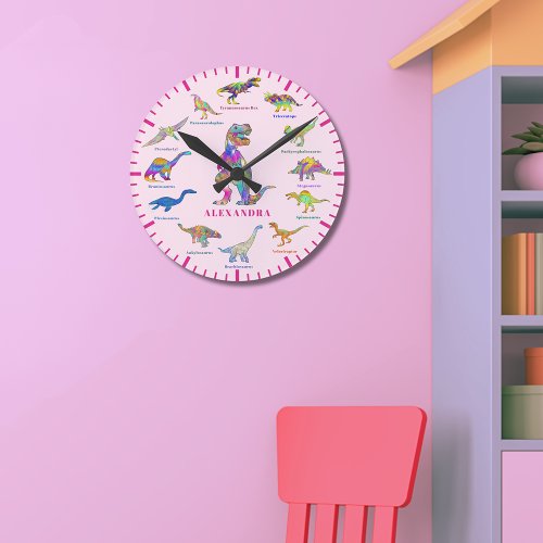 Cute Dinosaurs with names pink Round Clock