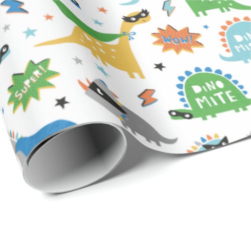 Cute dinosaurs with superhero masks and capes wrapping paper