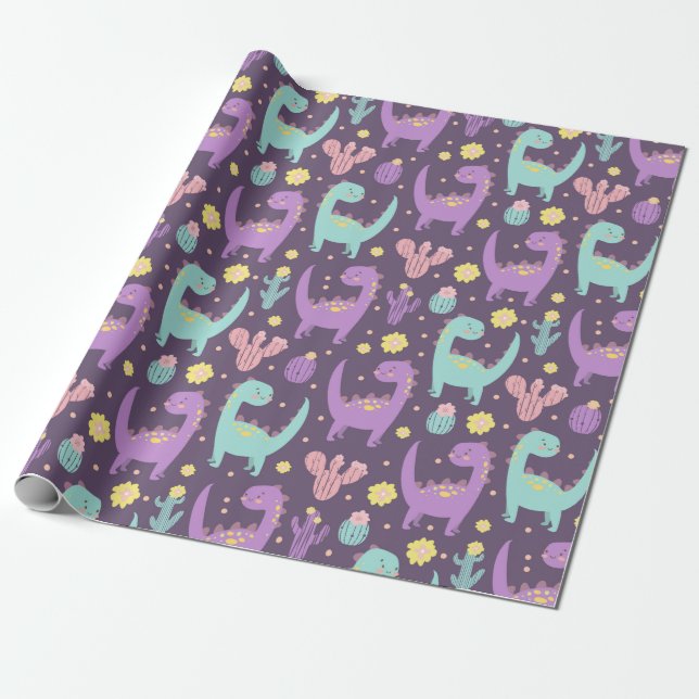 Cute Dinosaurs Wrapping Paper (Unrolled)