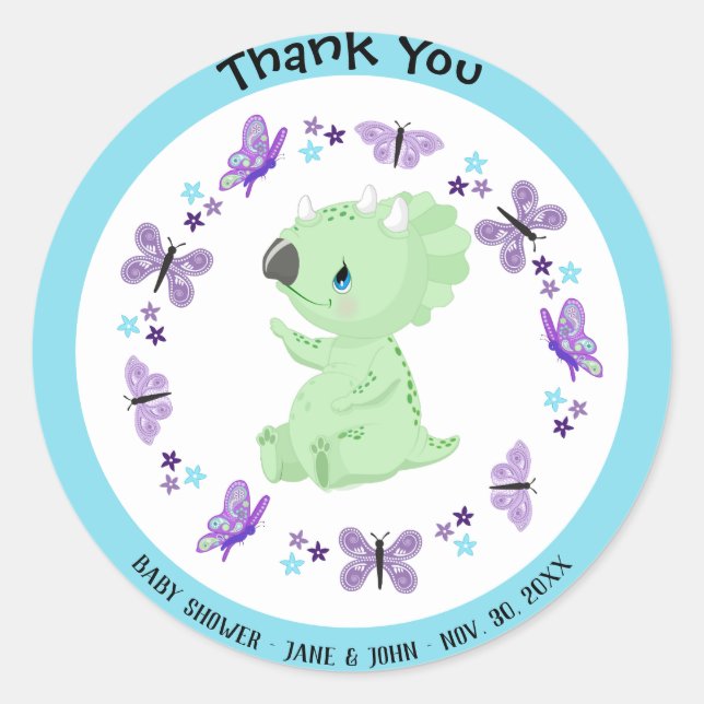 *~* Cute Dinosuar Butterfly Star Thank You Sticker (Front)