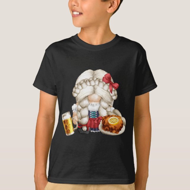 Cute Dirndl Gnomie Girl With Schnitzel And Beer -  T-Shirt (Front)