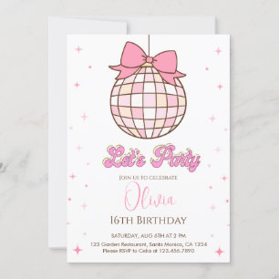 Cute Disco Ball pink bow Birthday Party Invitation