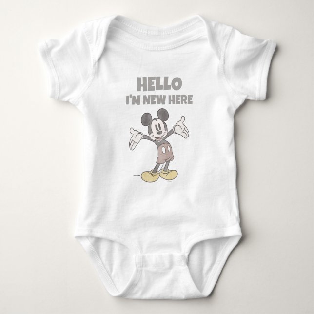 Cute Disney Mickey Mouse Hello I'm New Here Baby Baby Bodysuit (Front)