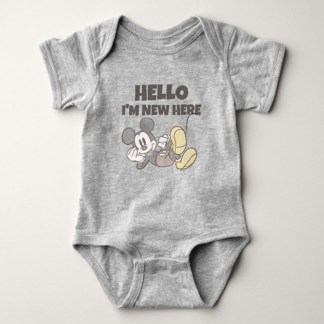 Cute Disney Mickey Mouse Hello I'm New Here Baby Baby Bodysuit (Front)