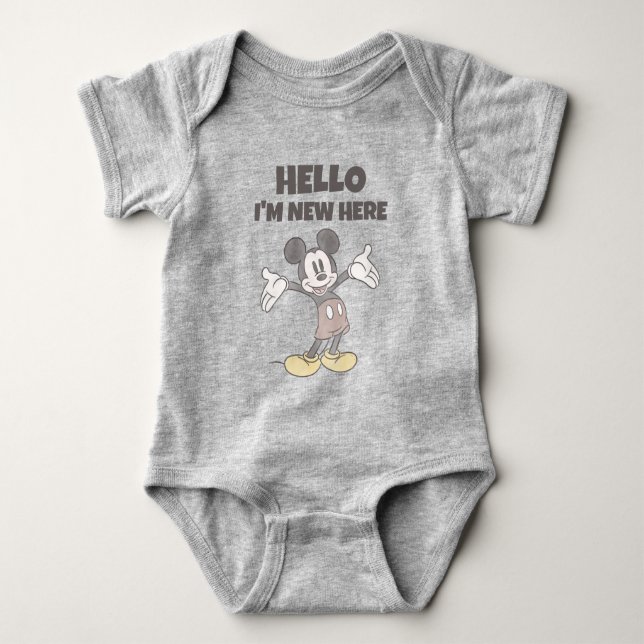Cute Disney Mickey Mouse Hello I'm New Here Baby Bodysuit (Front)