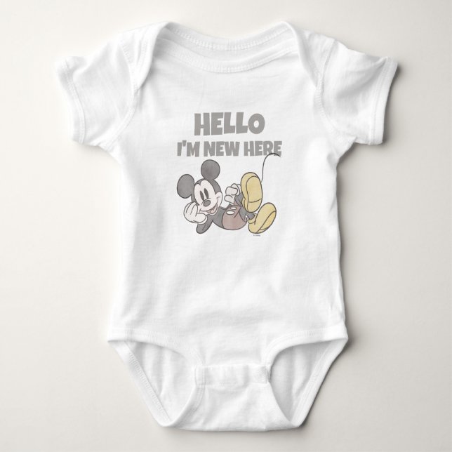 Cute Disney Mickey Mouse Hello I'm New Here Baby Bodysuit (Front)