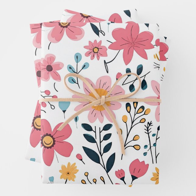 Cute Ditsy Spring Flower Wrapping Paper Sheets (In situ)