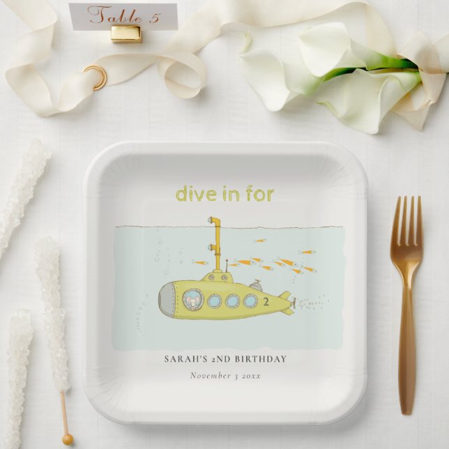 Cute Dive In Underwater Submarine Any Age Birthday Paper Plates (Wedding)