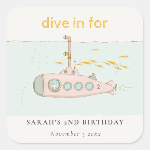 Cute Dive In Underwater Submarine Any Age Birthday Square Sticker