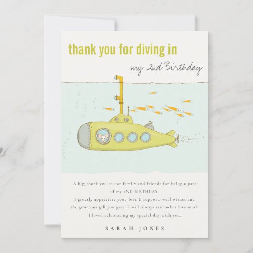 Cute Dive In Underwater Submarine Any Age Birthday Thank You Card